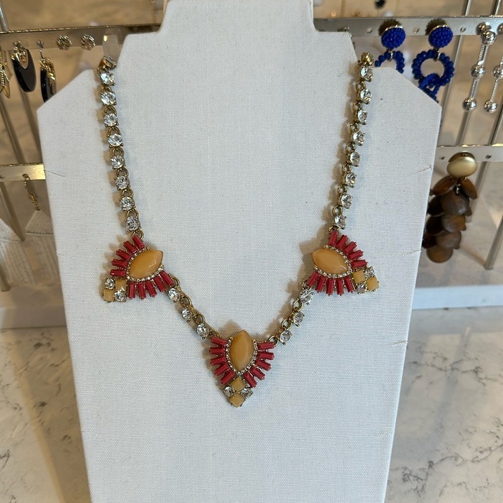 J Crew orange, red, and crystal stone costume necklace
